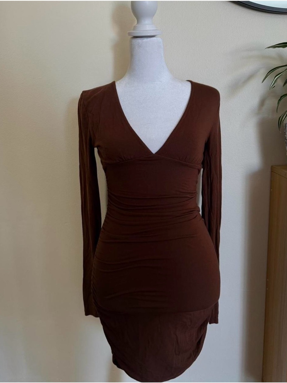 Forever 21 Deep V-Neck Long Sleeve Brown Dress
